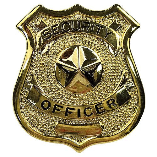 Insignia metálica dorada con texto 'SECURITY OFFICER'.