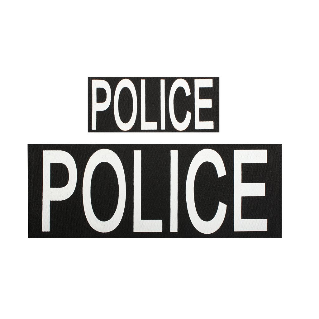 Juego de 2 parches POLICE negros con impresión blanca y cierre de velcro (6 x 14,5 cm y 10 x 27 cm)