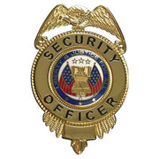 Insignia metálica dorada con texto 'SECURITY OFFICER', aprox. 7 cm