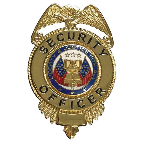 Insignia metálica dorada con texto 'SECURITY OFFICER', aprox. 7 cm