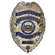 Insignia metálica plateada 'SECURITY ENFORCEMENT OFFICER' 7,9×5,7 cm, zinc