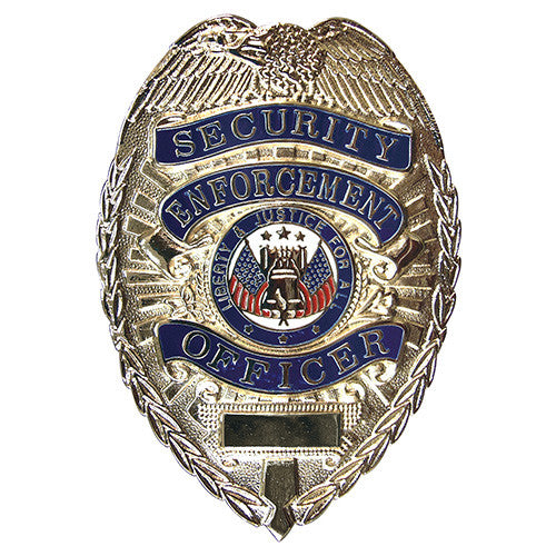 Insignia metálica plateada 'SECURITY ENFORCEMENT OFFICER' 7,9×5,7 cm, zinc