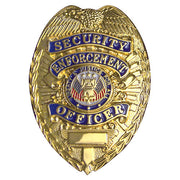Placa metálica dorada 'SECURITY ENFORCEMENT OFFICER', 7,9×5,7 cm, zinc