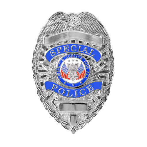 Insignia DELUXE SPECIAL POLICE plateada, aprox. 7,9 x 5,7 cm, con cierre de alfiler