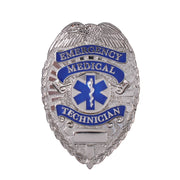 Insignia metálica plateada con texto Emergency Medical Technician y cierre de alfiler, 5,5 x 8,3 cm