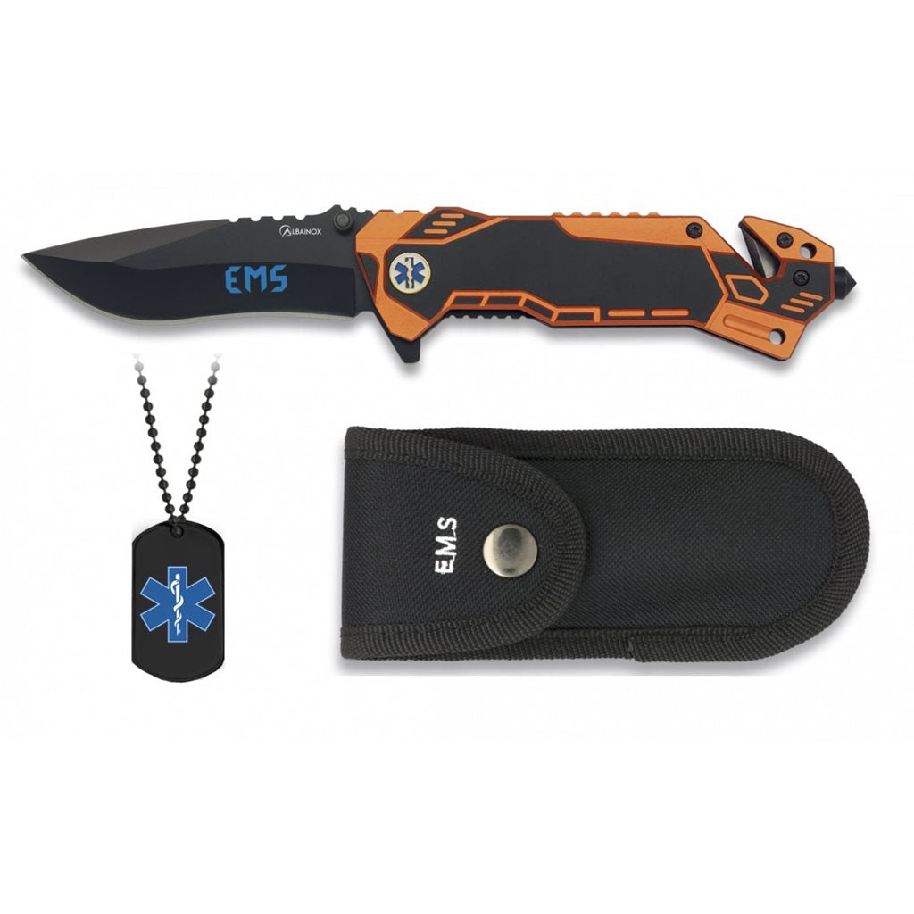 Cuchillo plegable EMS con hoja inox 8,1 cm, cortador de cinturón, rompecristales y funda de nylon