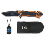 Cuchillo plegable EMS con hoja inox 8,1 cm, cortador de cinturón, rompecristales y funda de nylon