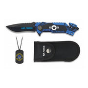 Navaja plegable AIR FORCE con hoja 8,1 cm, cortador de cinturón, rompecristales y funda de nylon