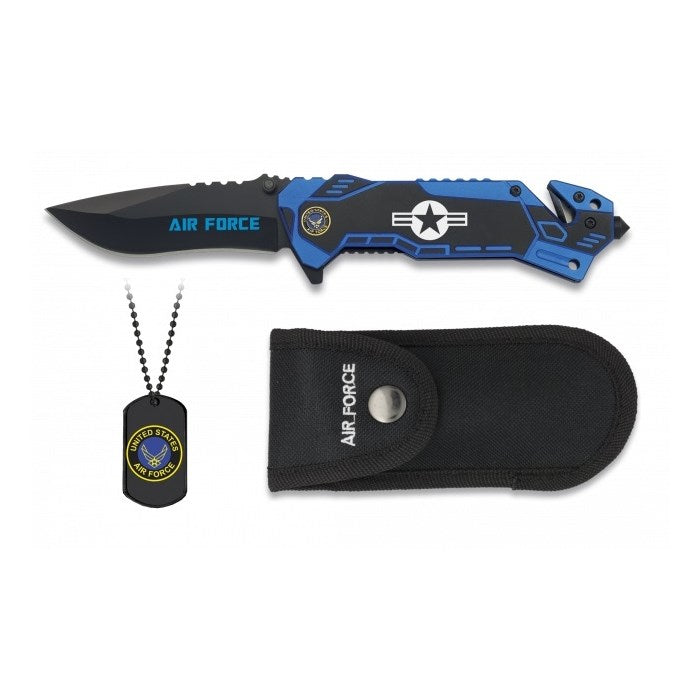 Navaja plegable AIR FORCE con hoja 8,1 cm, cortador de cinturón, rompecristales y funda de nylon
