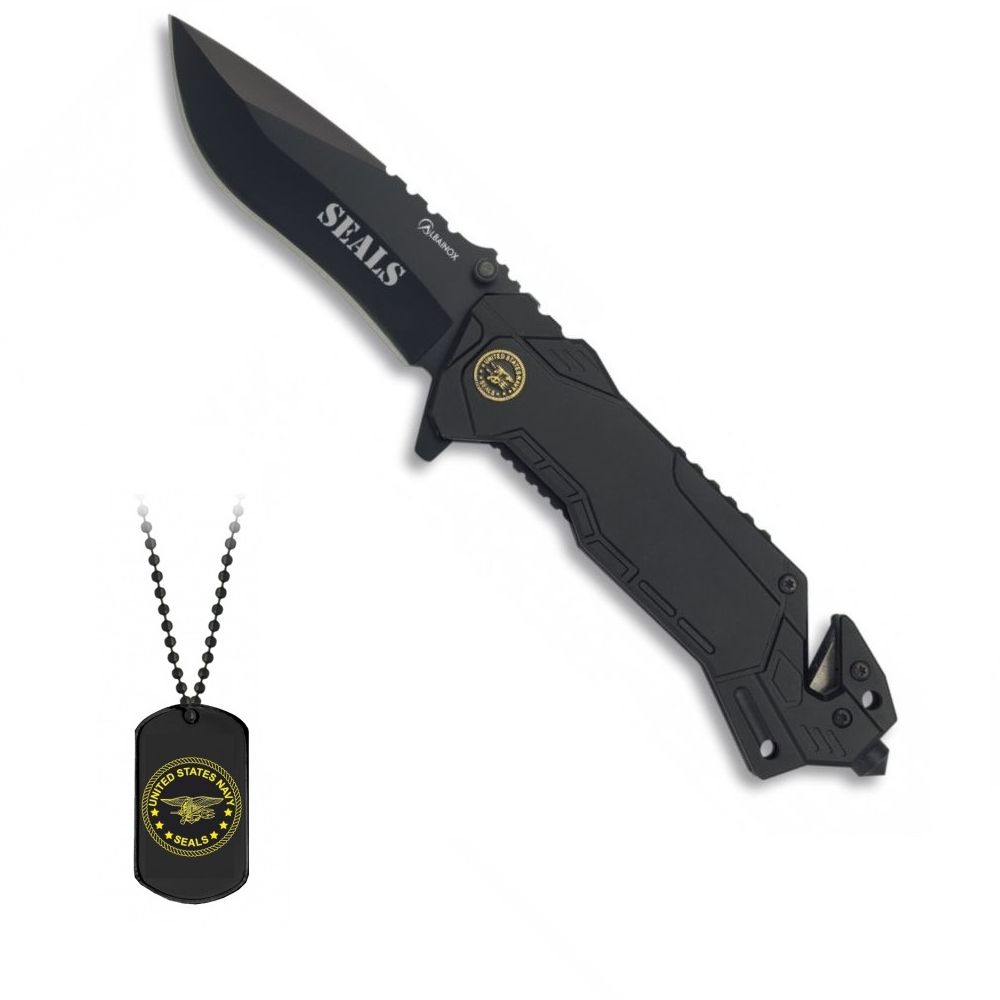 Navaja plegable SEALS con funda y dog tag