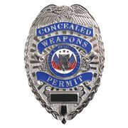 Insignia metálica plateada con texto CONCEALED WEAPONS PERMIT