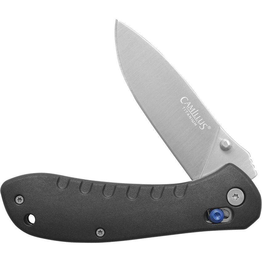 Cuchillo plegable ROVAX CUDA Camillus, filo liso en acero 420, 54 HRC, apertura ambidiestra, negro