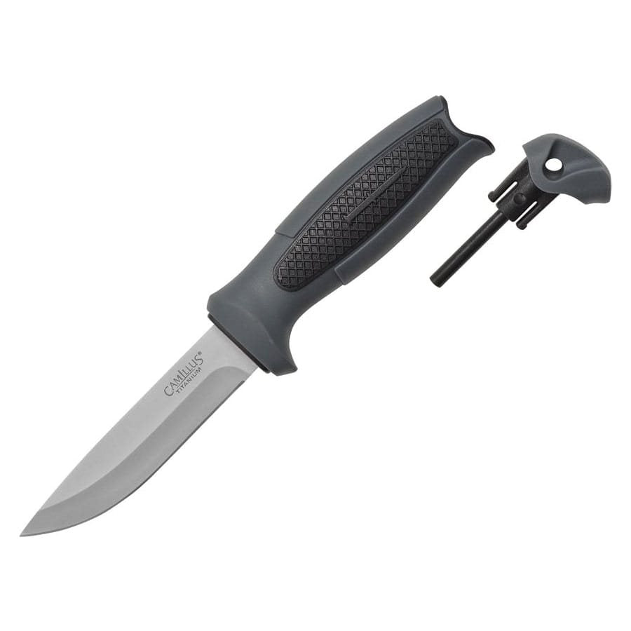 Cuchillo FELIX con ferrocerio integrado en el extremo de la empuñadura y funda.