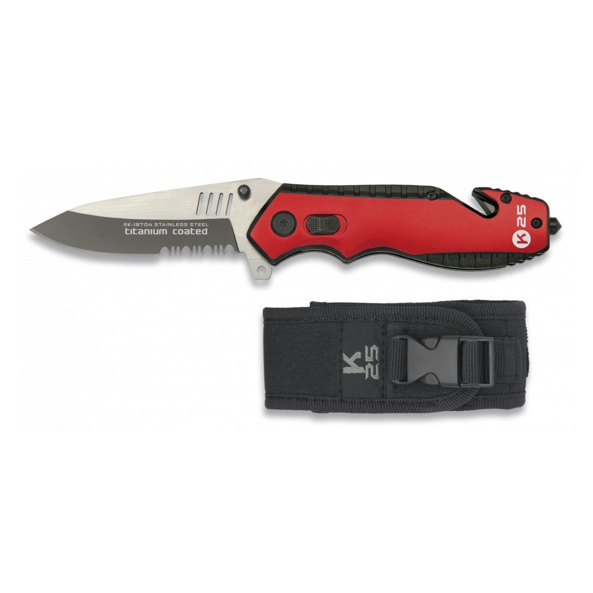 Cuchillo plegable táctico de rescate 19704 rojo y negro con rompecristales y cortador de correas