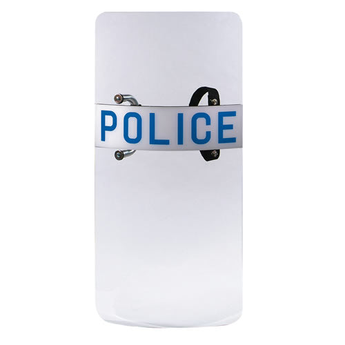 Escudo antidisturbios US POLICE de policarbonato con inscripción POLICE, empuñadura de aluminio y correa para brazo