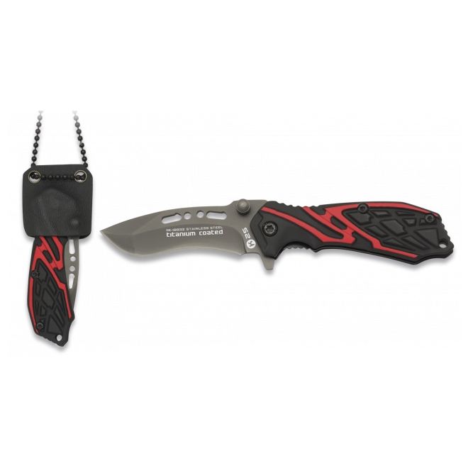 Navaja plegable K25 19932 rojo/negro con hoja lisa y funda kydex