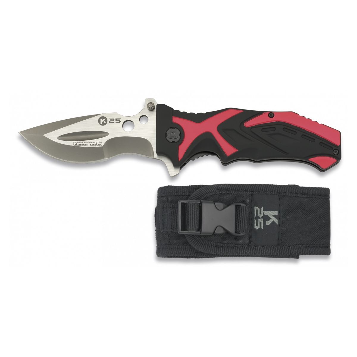 Cuchillo K25 negro y rojo, longitud total 21 cm, hoja de diseño inusual y empuñadura combinada