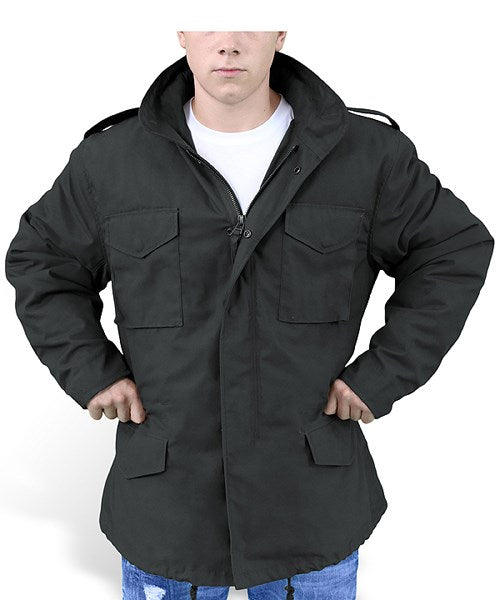 Chaqueta US M-65 negra con capucha oculta y bolsillos exteriores