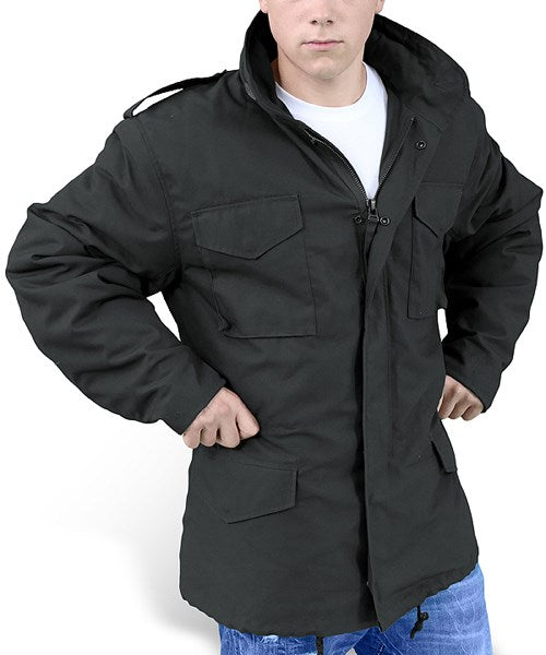 Chaqueta US M-65 negra con capucha oculta y bolsillos exteriores
