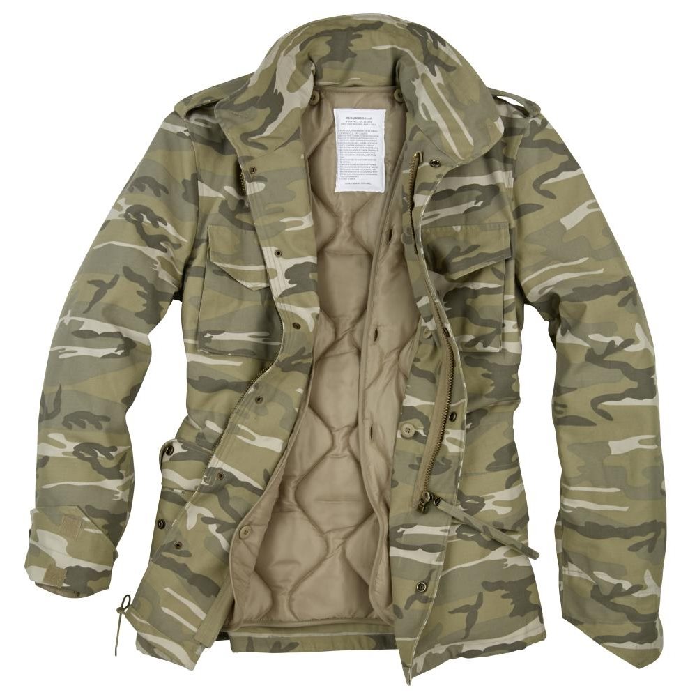 Chaqueta US M65 Desert Light Camo, vista frontal, capucha oculta, forro abrochado y cuatro bolsillos