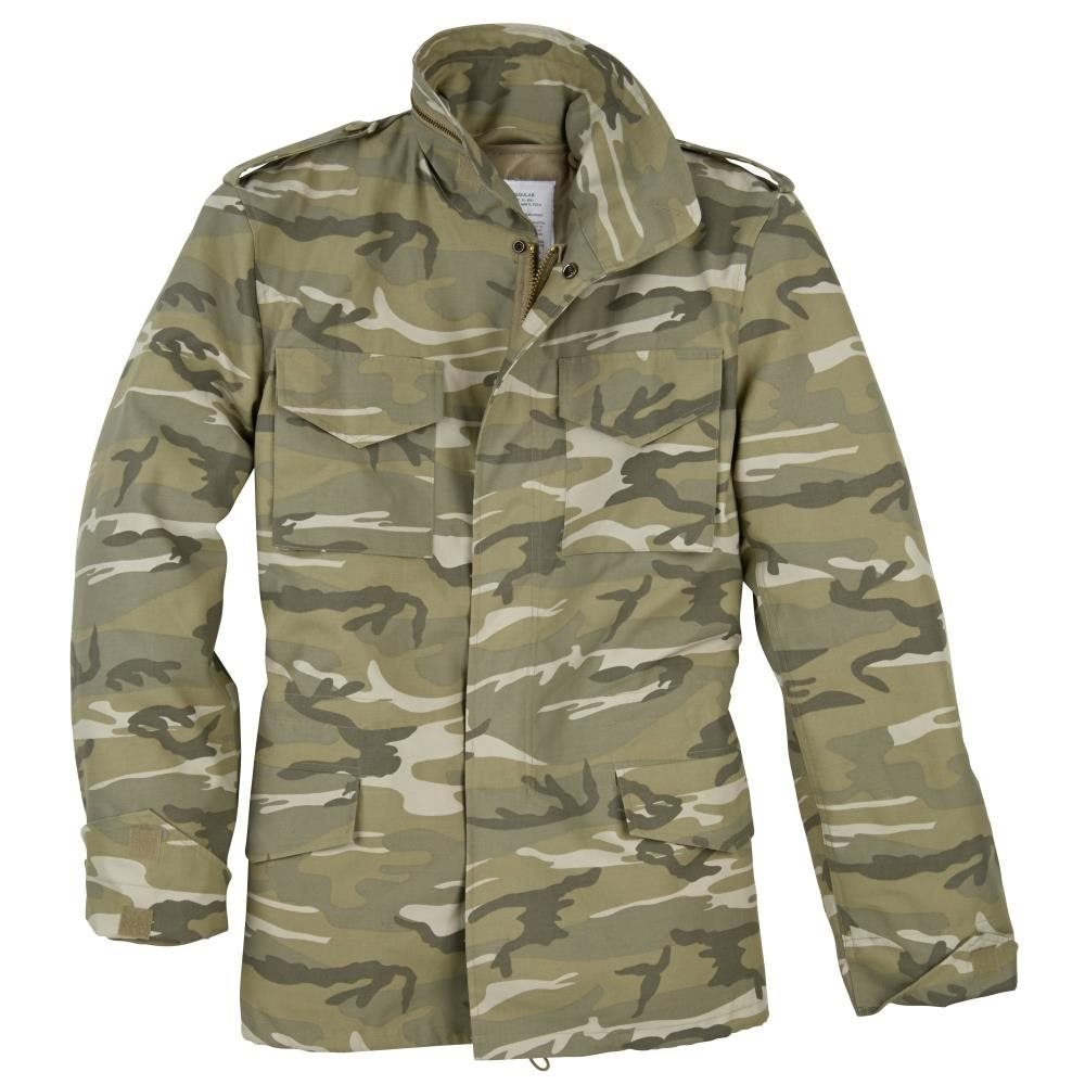 Chaqueta US M65 Desert Light Camo, vista frontal, capucha oculta, forro abrochado y cuatro bolsillos