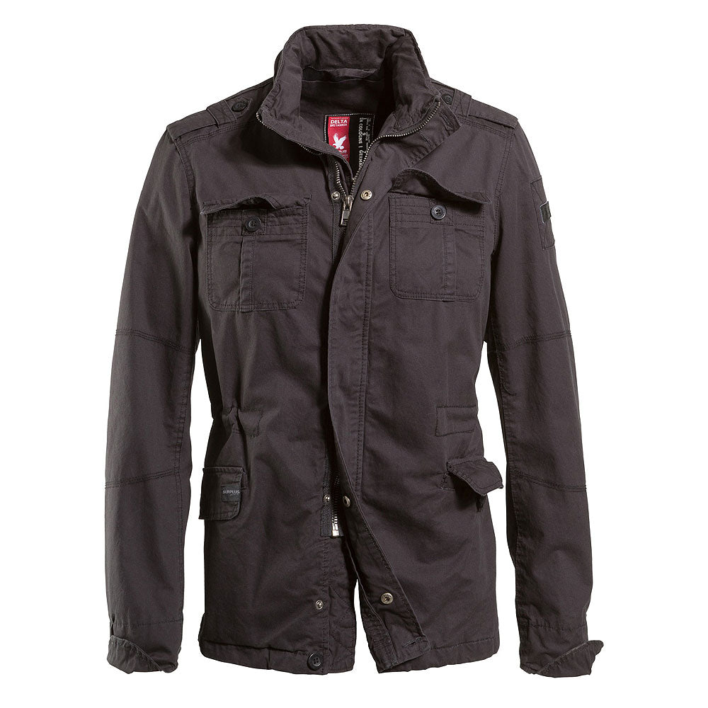 Chaqueta Delta Britannia negra con capucha, seis bolsillos y ajuste en la cintura