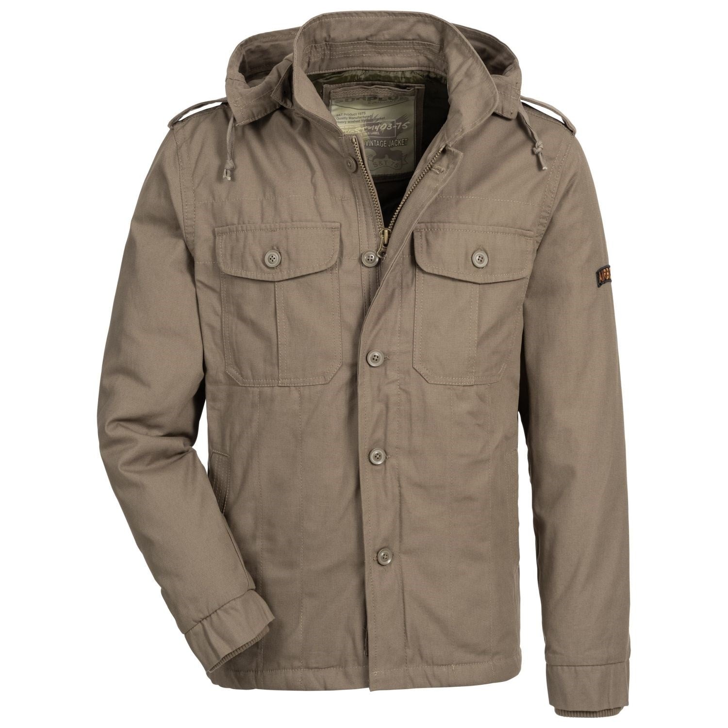 Chaqueta Airborne verde vintage con capucha desmontable y cremallera de latón