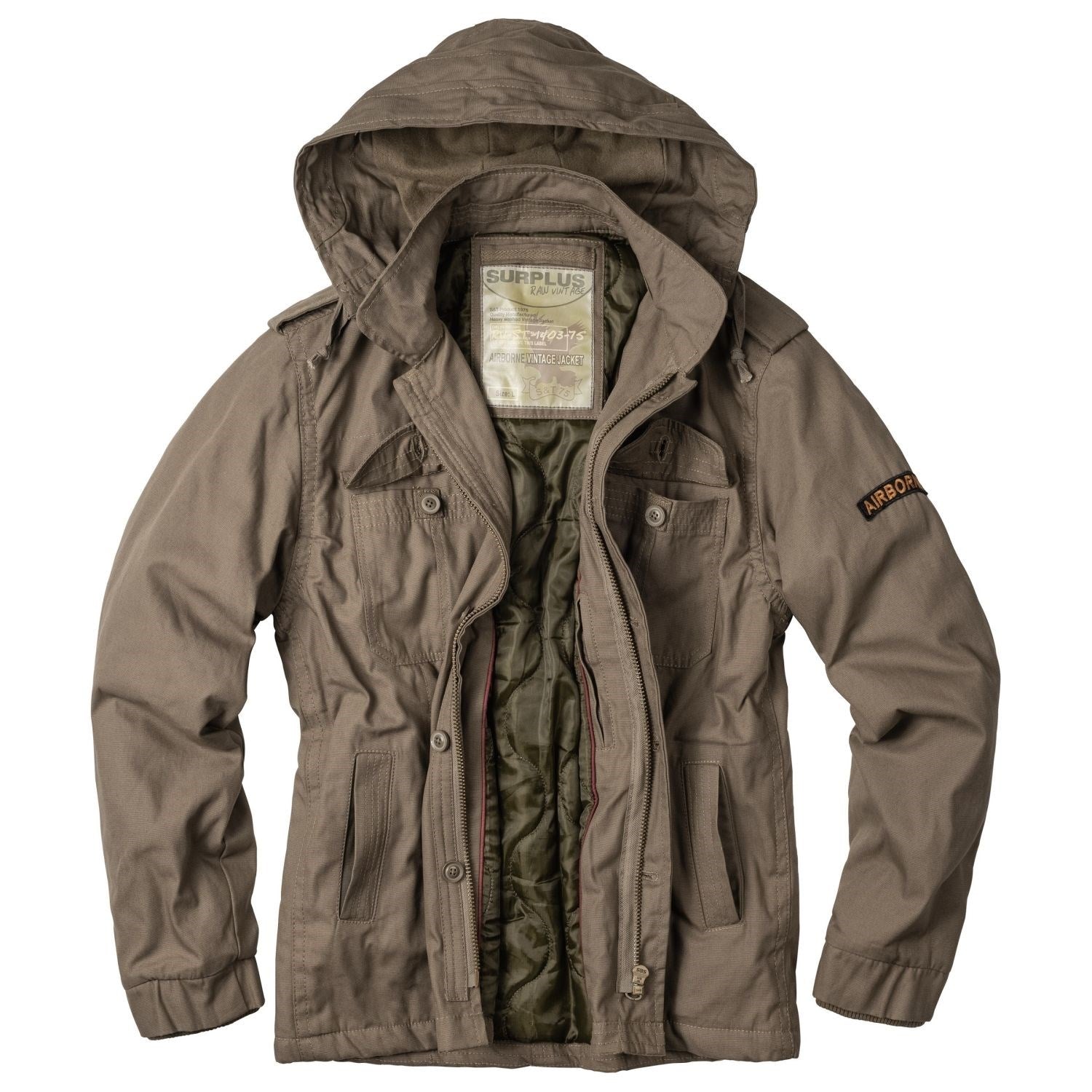 Chaqueta Airborne verde vintage con capucha desmontable y cremallera de latón