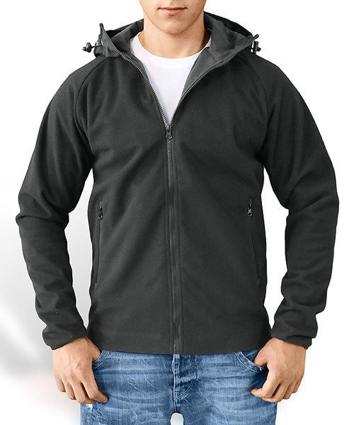 Chaqueta softfleece negra con capucha, cremallera y bolsillos con zip. Resistente al viento y al agua