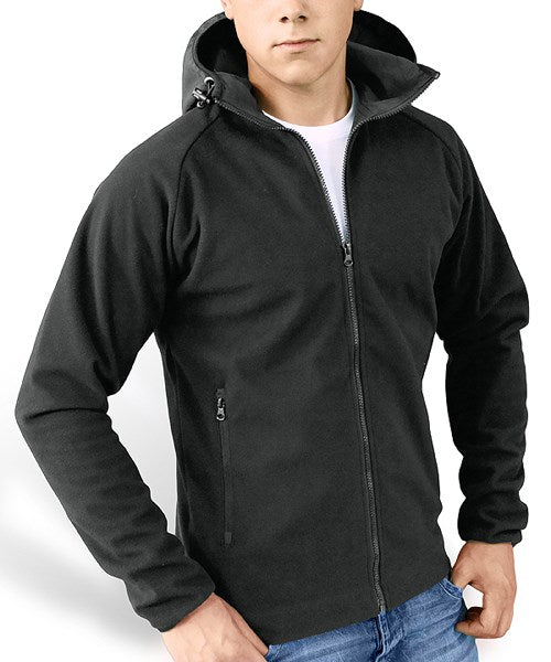 Chaqueta softfleece negra con capucha, cremallera y bolsillos con zip. Resistente al viento y al agua