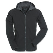 Chaqueta softfleece negra con capucha, cremallera y bolsillos con zip. Resistente al viento y al agua