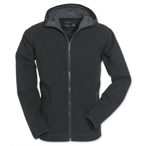 Chaqueta softfleece negra con capucha, cremallera y bolsillos con zip. Resistente al viento y al agua