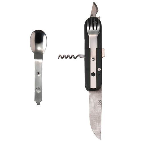 Cubertería KOMBI 5 en 1 con funda negra: cuchillo, tenedor, cuchara, sacacorchos y abridor de latas