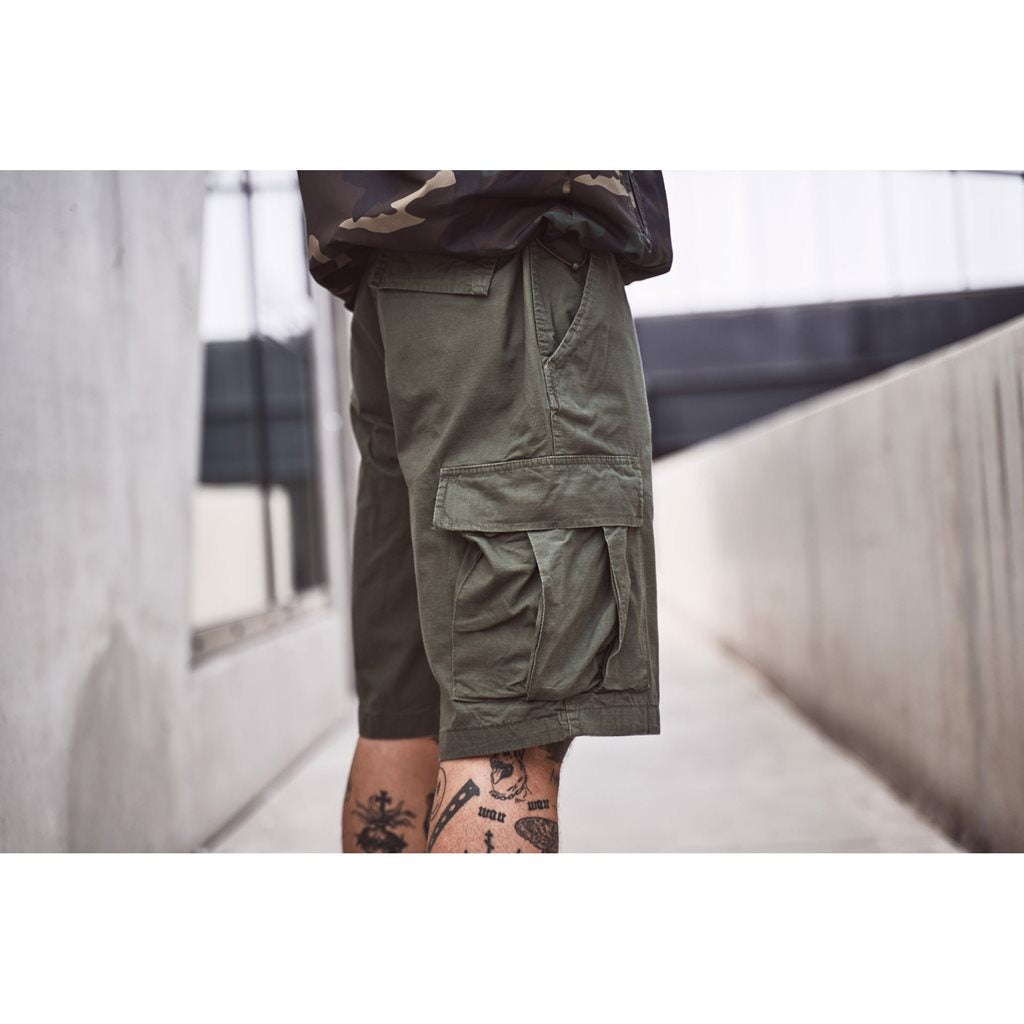 Shorts BDU rip-stop verdes de algodón con seis bolsillos y cintura ajustable