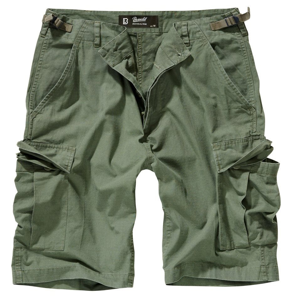 Shorts BDU rip-stop verdes de algodón con seis bolsillos y cintura ajustable