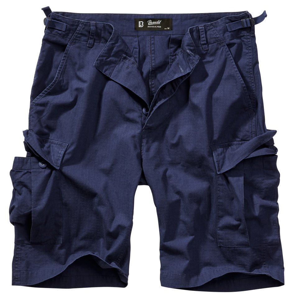 Pantalones cortos US BDU azules en algodón rip-stop, 6 bolsillos, cierre de botones y cintura ajustable