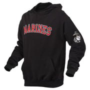 Sudadera Rothco negra con capucha y forro polar, bordado 'Marines' en el pecho y logo USMC en la manga izquierda
