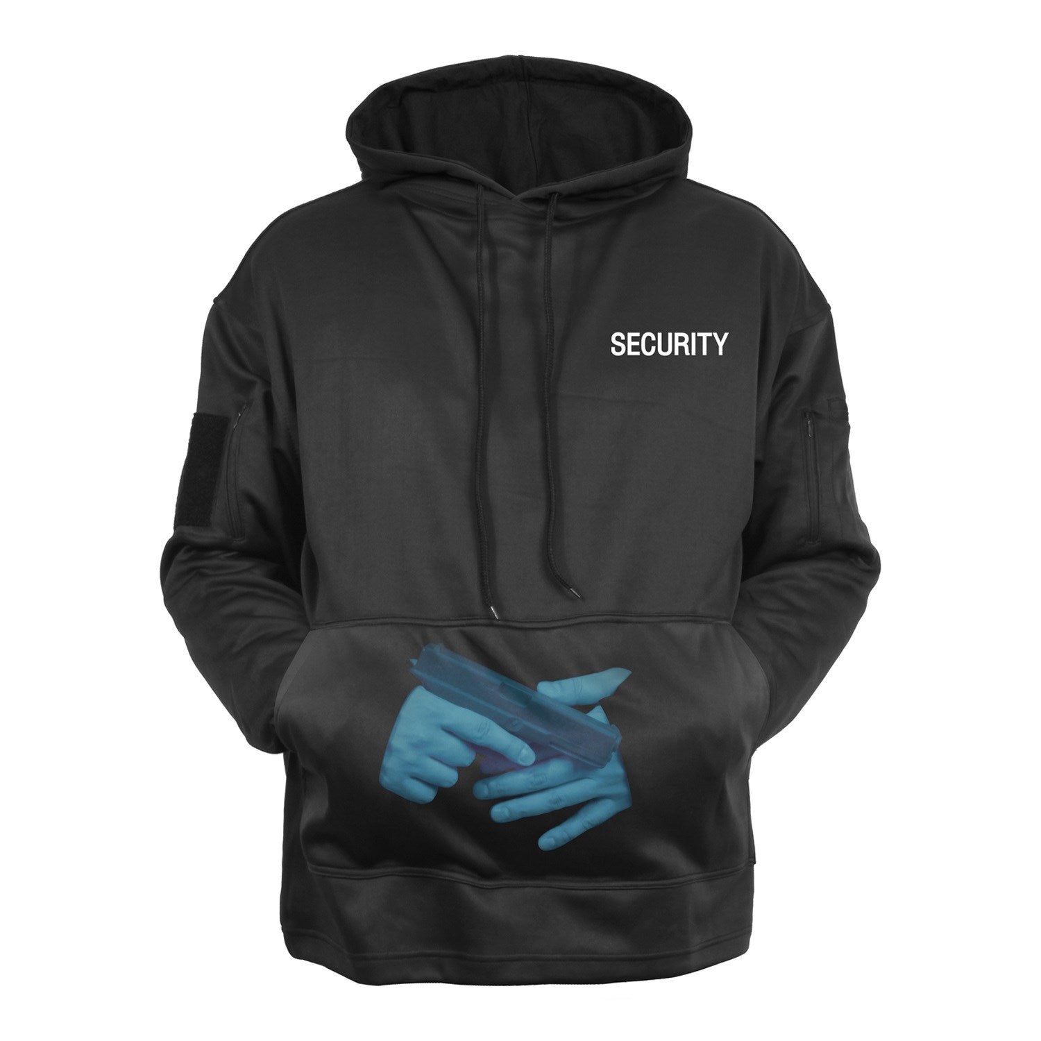 Sudadera SECURITY negra con capucha y bolsillo canguro para porte oculto, bolsillos con cremallera en mangas, 100% poliester