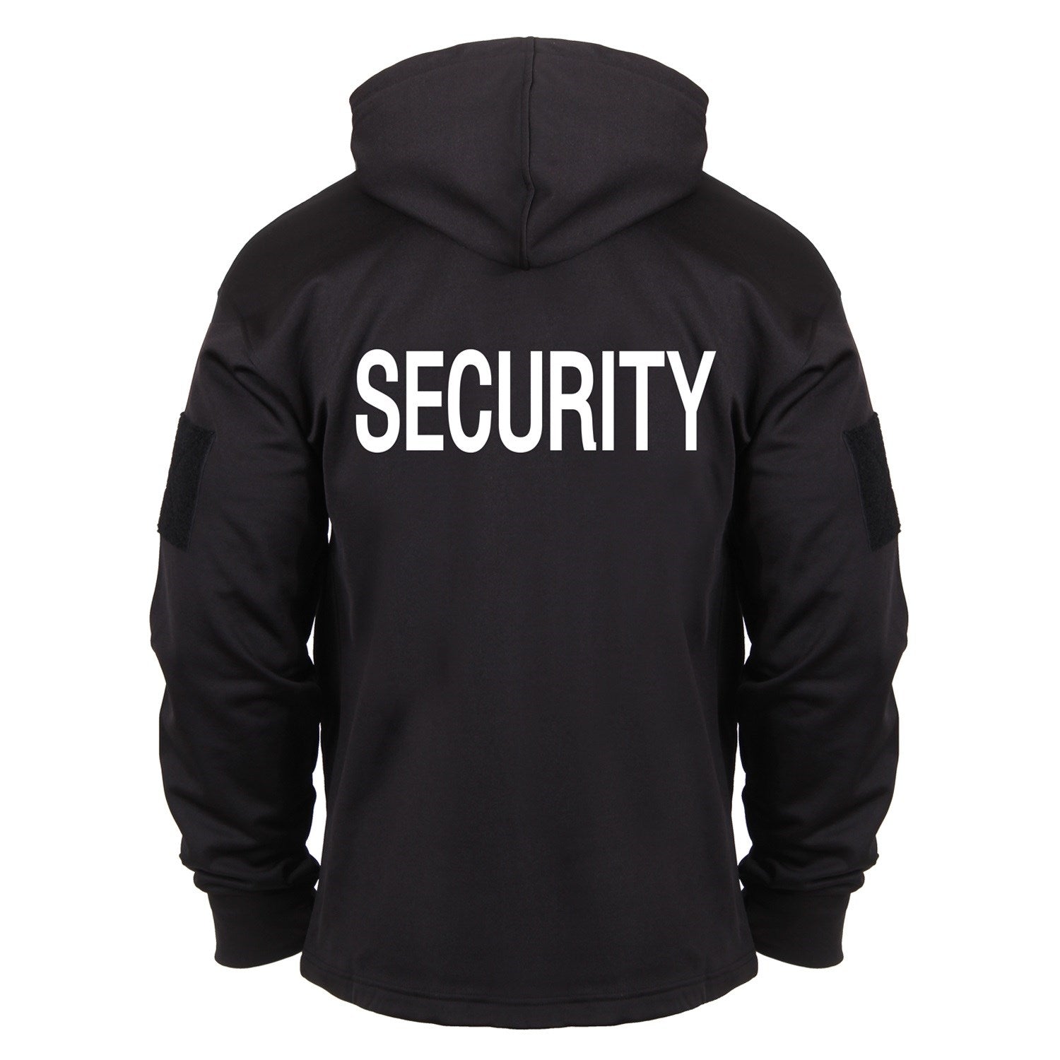 Sudadera SECURITY negra con capucha y bolsillo canguro para porte oculto, bolsillos con cremallera en mangas, 100% poliester