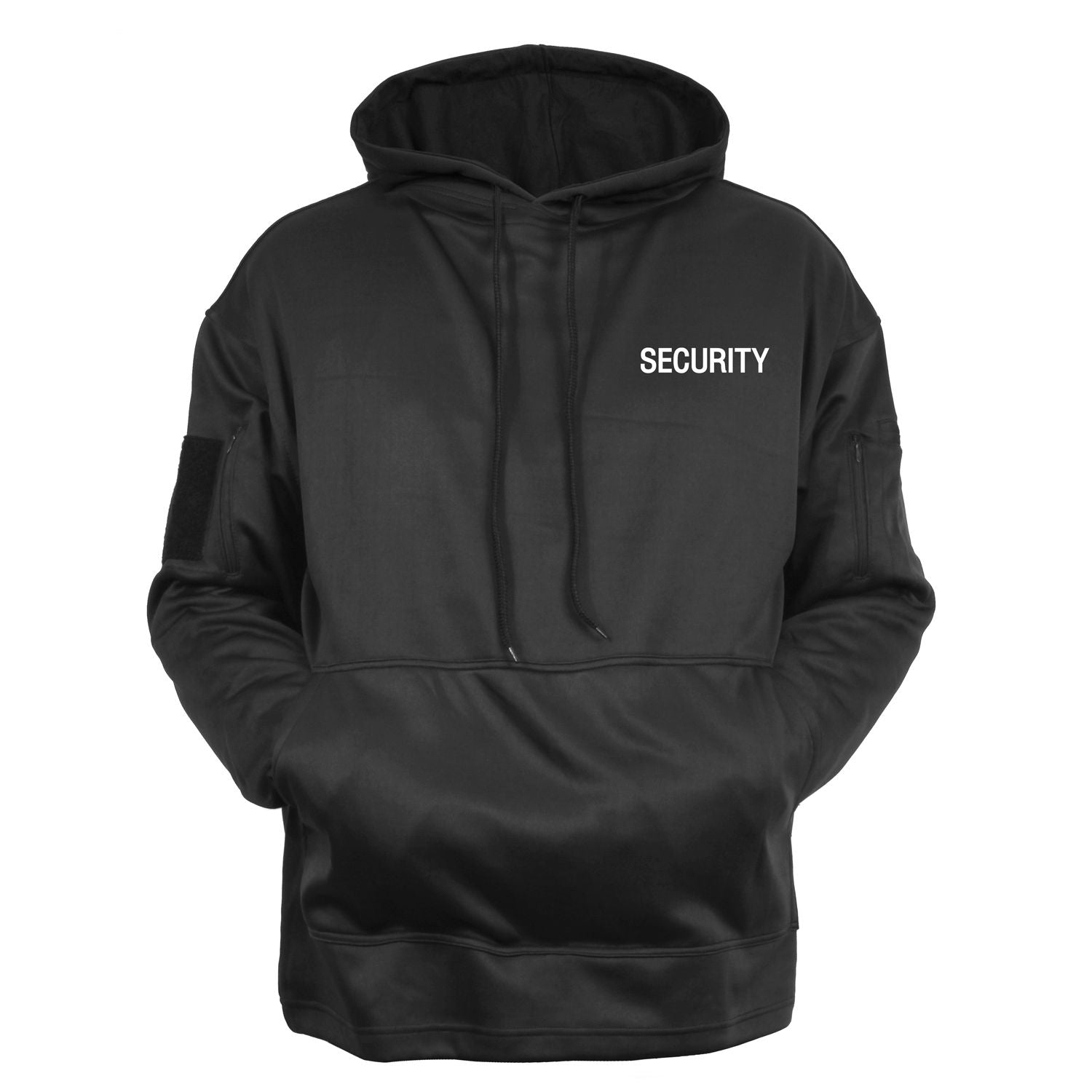 Sudadera SECURITY negra con capucha y bolsillo canguro para porte oculto, bolsillos con cremallera en mangas, 100% poliester