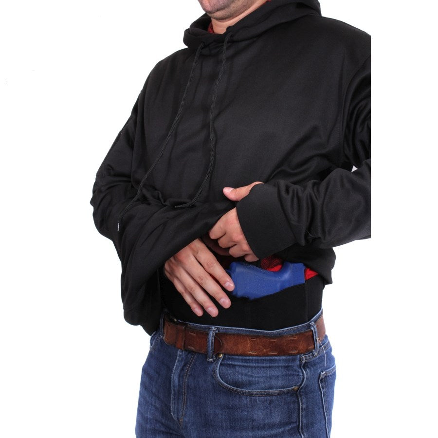 Sudadera ikina CONCEALED CARRY negra con capucha, bolsillos en mangas y panel velcro para porte oculto