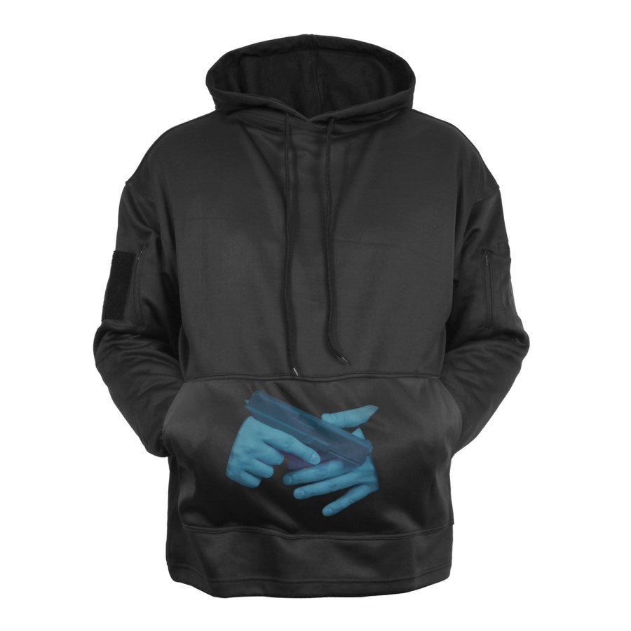 Sudadera ikina CONCEALED CARRY negra con capucha, bolsillos en mangas y panel velcro para porte oculto
