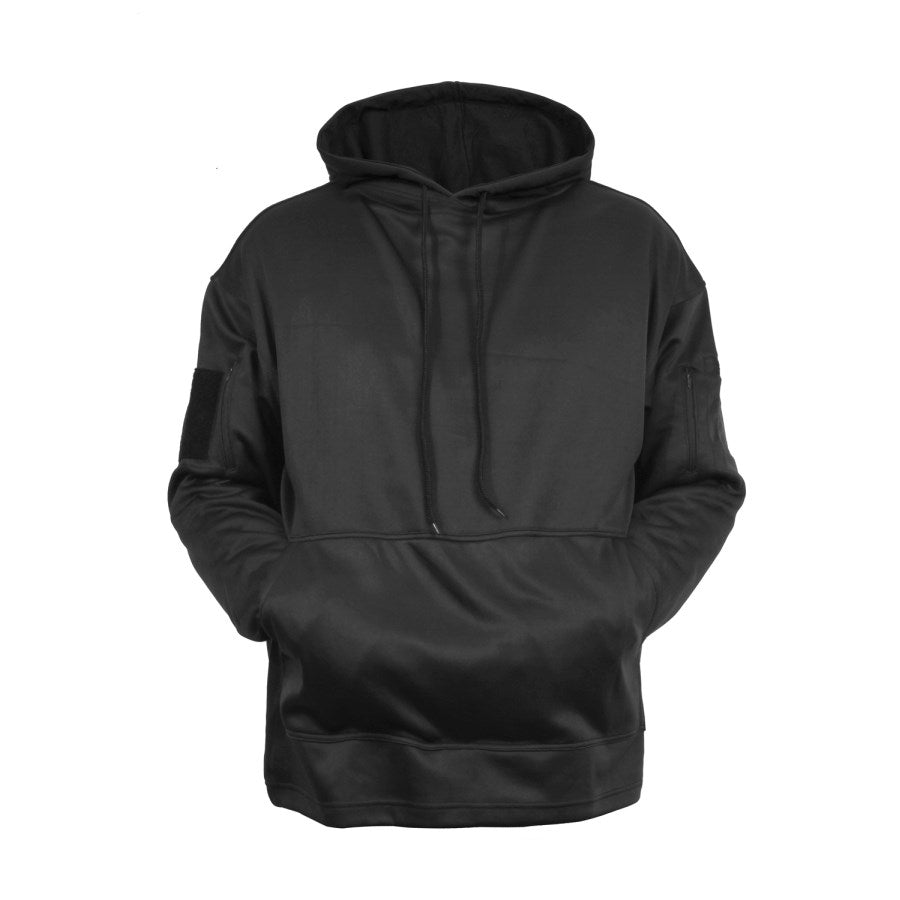 Sudadera ikina CONCEALED CARRY negra con capucha, bolsillos en mangas y panel velcro para porte oculto