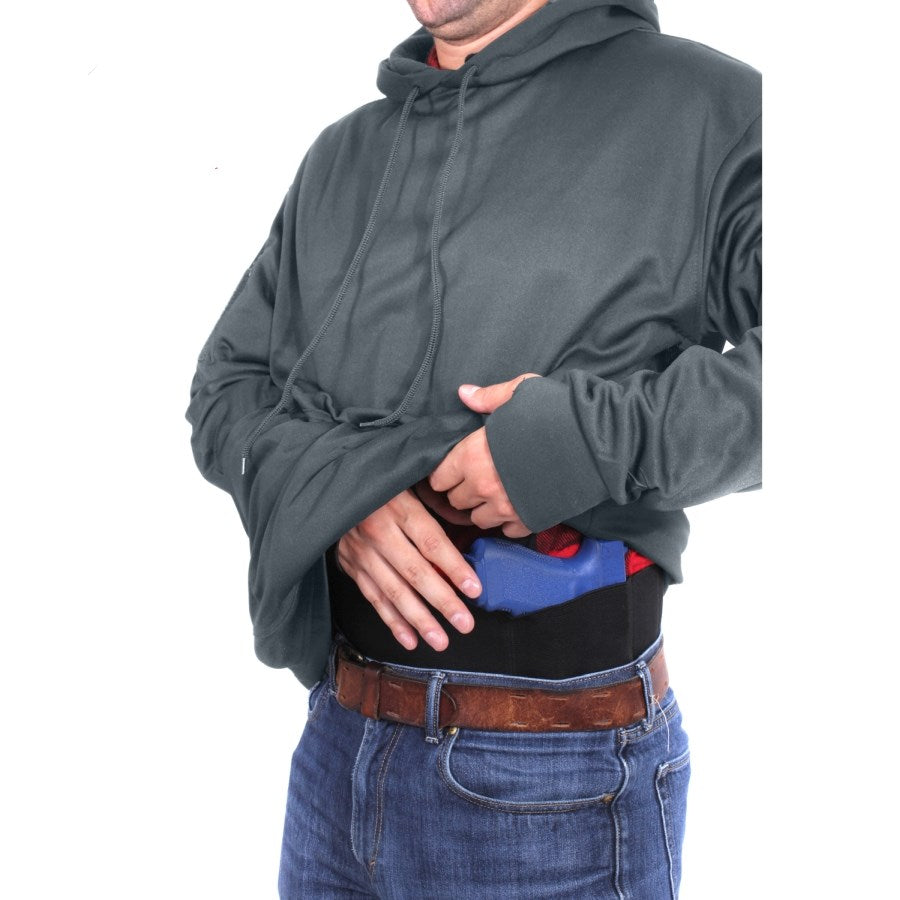 Sudadera gris con capucha y panel velcro para porte oculto, bolsillos en mangas, 100% poliester