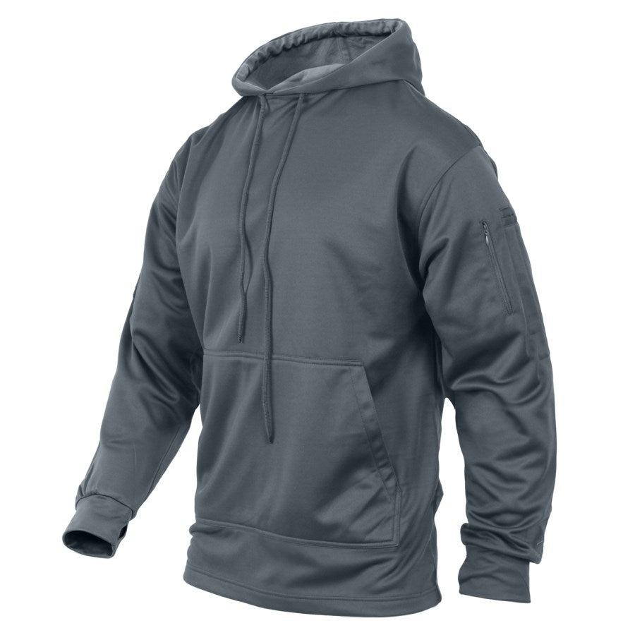 Sudadera gris con capucha y panel velcro para porte oculto, bolsillos en mangas, 100% poliester