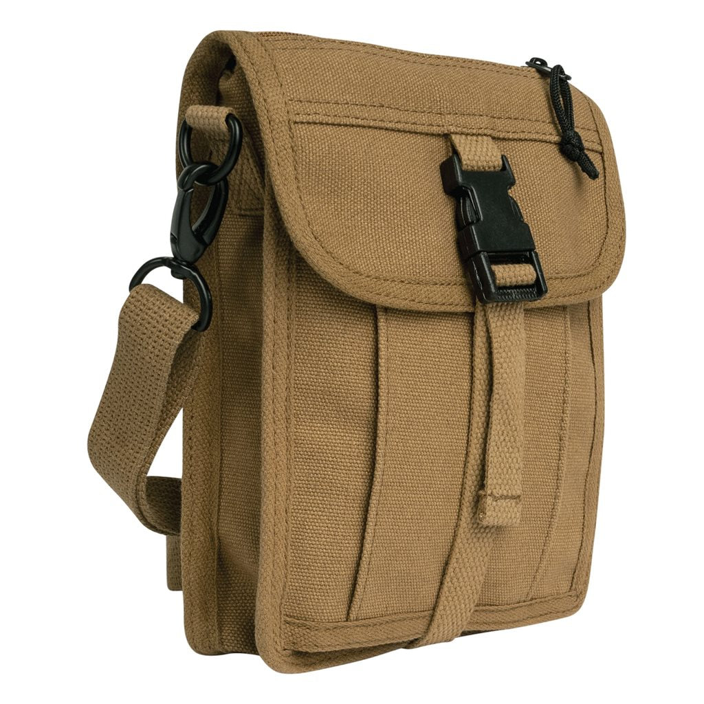 Bolsa bandolera VENTURER de lona color coyote con correa desmontable y múltiples bolsillos