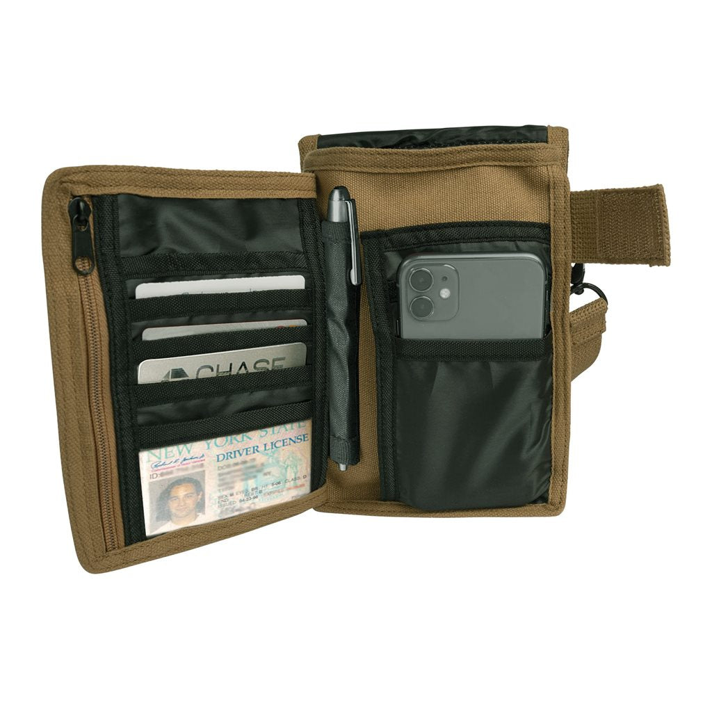 Bolsa bandolera VENTURER de lona color coyote con correa desmontable y múltiples bolsillos