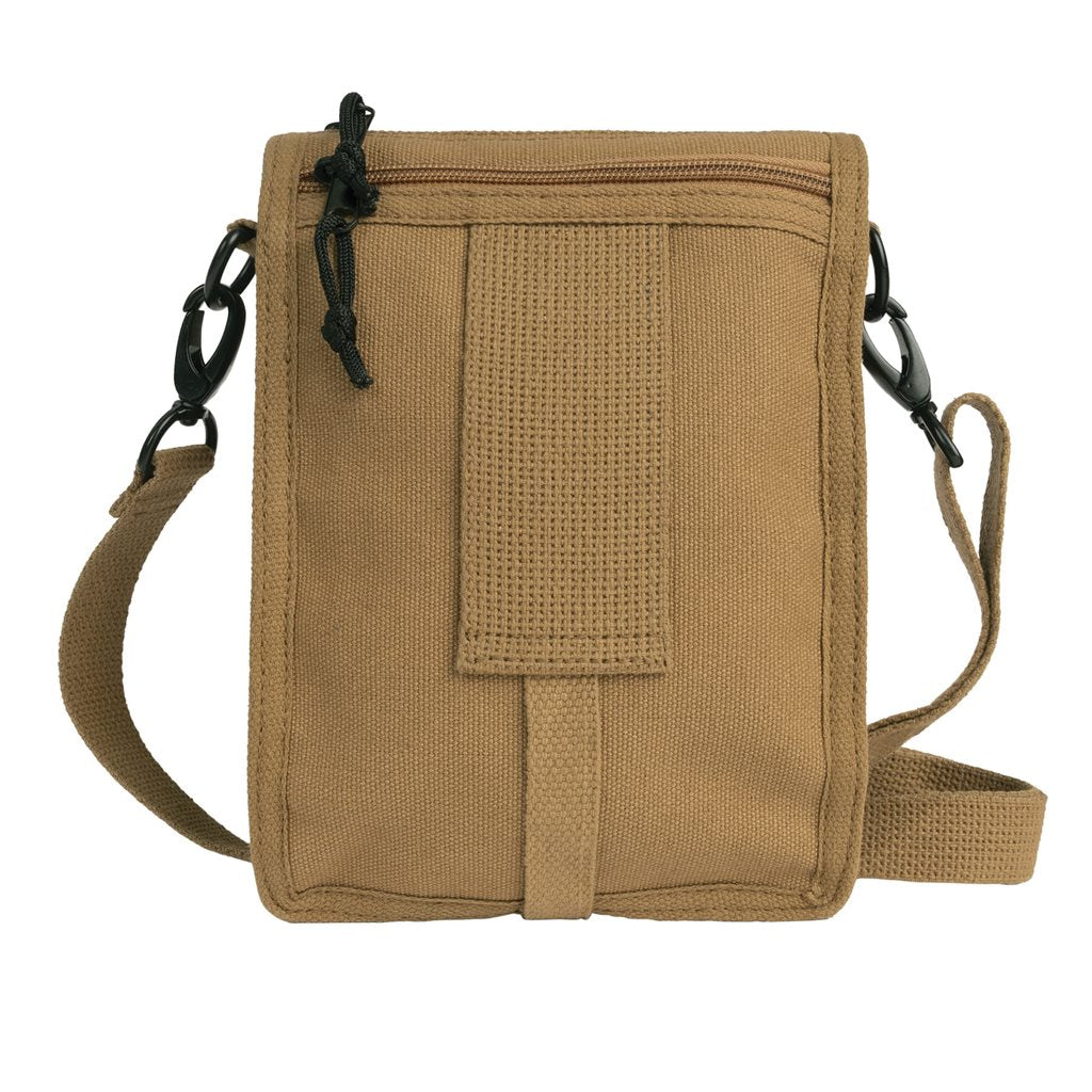 Bolsa bandolera VENTURER de lona color coyote con correa desmontable y múltiples bolsillos