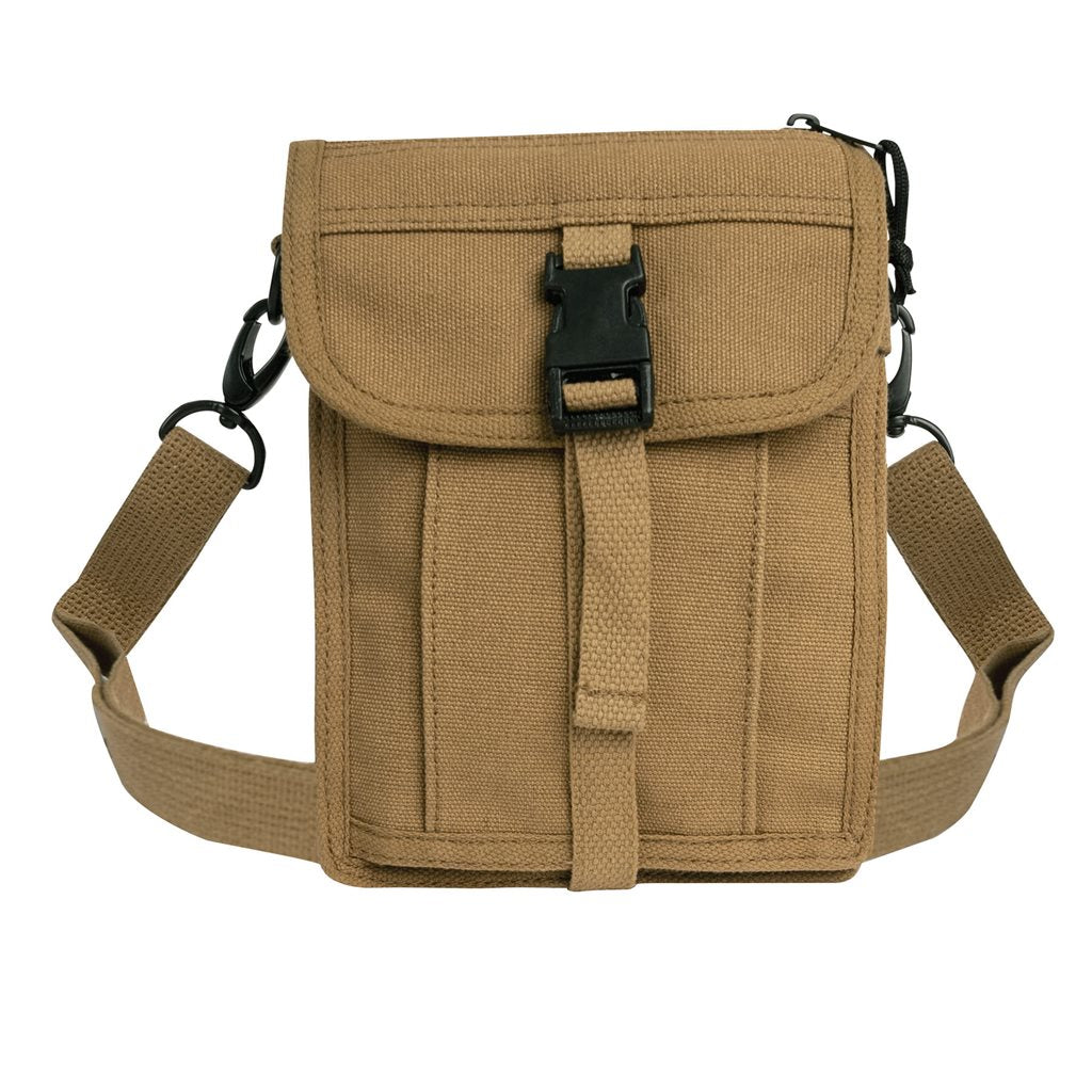 Bolsa bandolera VENTURER de lona color coyote con correa desmontable y múltiples bolsillos