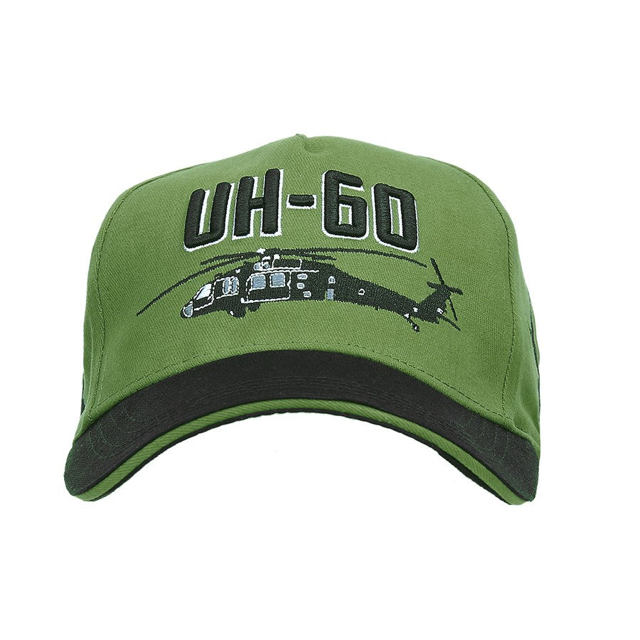 Gorra de béisbol verde claro con visera negra y motivo UH-60 Blackhawk